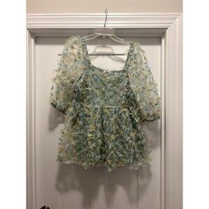 JODIFL Women’s Size Large Sheer Dramatic Puff Sleeve Babydoll Style Butterfly